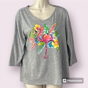 Caribbean Joe Women's Cotton T-Shirt Flamingo Colorful Flowers Size Large